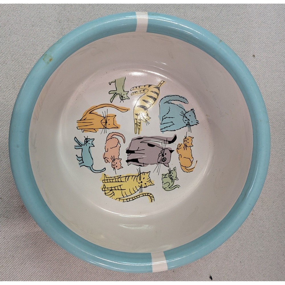 Signature Housewares Cat Town Pet Bowl Small Blue White Stoneware Good 76660